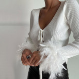 Knitted strap V-neck cardigan with exposed navel long sleeve T-shirt Women's sexy slim top