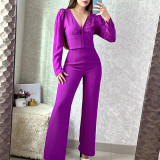 Temperament V-neck long sleeve shirt high waist slim straight trousers two-piece set
