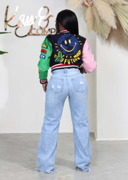 Women's autumn and winter fashionable printing thread color blocking button baseball jacket