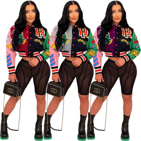 Women's autumn and winter fashionable printing thread color blocking button baseball jacket