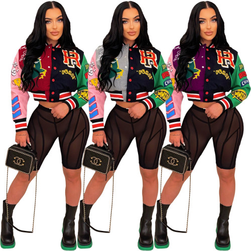 Women's autumn and winter fashionable printing thread color blocking button baseball jacket