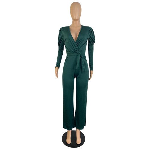 V-neck bubble sleeve autumn winter solid color jumpsuit