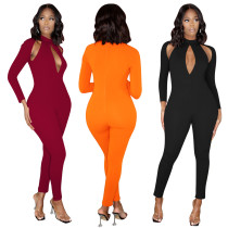 Solid color long sleeve invisible zipper sexy hollow hip jumpsuit Solid color long sleeve invisible zipper sexy hollow hip jumpsuit