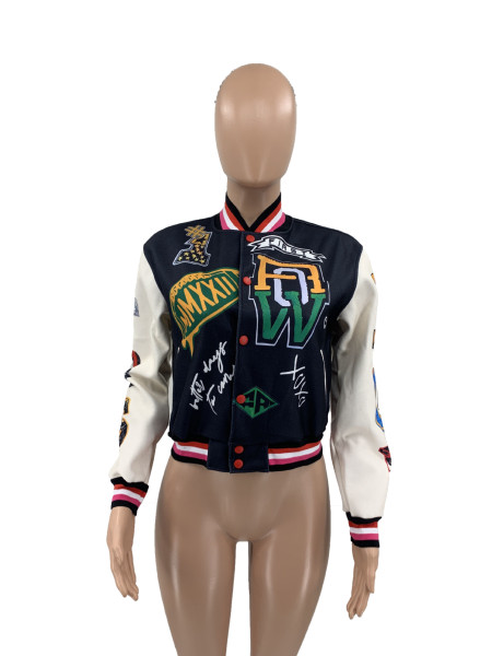 Fashion printed thread color blocking button bomber suit