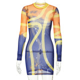 Fashion round neck long sleeve personality printing high waist hip wrap dress