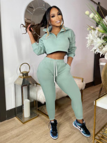 Fashion Sport Casual Solid Zipper Two Piece Set