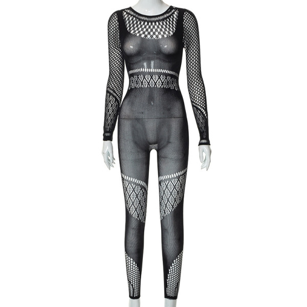 Fashion perspective hollow sexy long sleeve mesh one-piece trousers