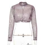 Solid casual sequins exposed navel long sleeve button fitting T-shirt top