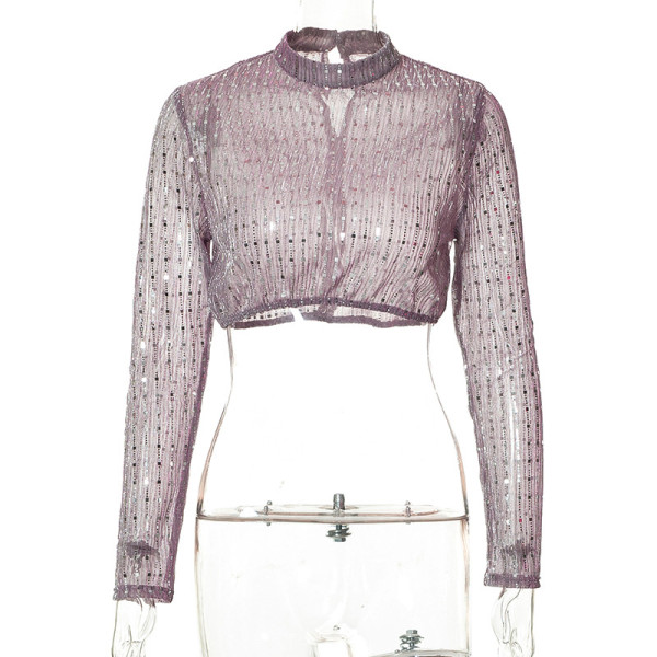 Solid casual sequins exposed navel long sleeve button fitting T-shirt top