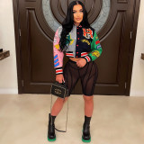 Women's autumn and winter fashionable printing thread color blocking button baseball jacket