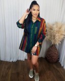 Women's multicolor strip printed long sleeved medium short dress