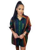 Women's multicolor strip printed long sleeved medium short dress