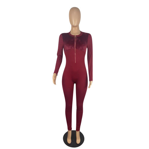 Autumn and Winter Women's Zipper Flange Plush Solid Pit Fabric Sexy Hip Lifting Jumpsuit