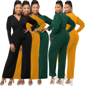 V-neck bubble sleeve autumn winter solid color jumpsuit