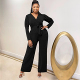 V-neck bubble sleeve autumn winter solid color jumpsuit