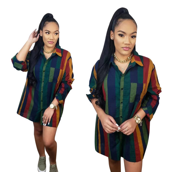 Women's multicolor strip printed long sleeved medium short dress