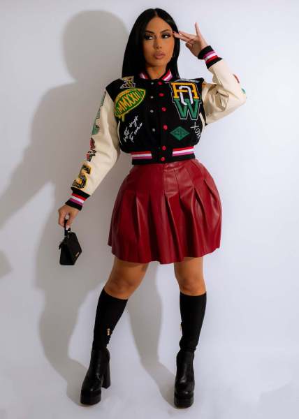 Fashion printed thread color blocking button bomber suit