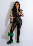 Fashion printed thread color blocking button bomber suit