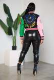 Women's autumn and winter fashionable printing thread color blocking button baseball jacket