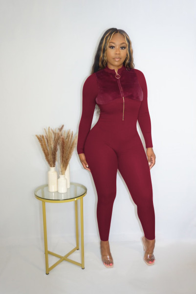 Autumn and Winter Women's Zipper Flange Plush Solid Pit Fabric Sexy Hip Lifting Jumpsuit