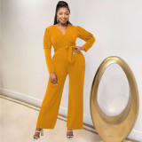 V-neck bubble sleeve autumn winter solid color jumpsuit