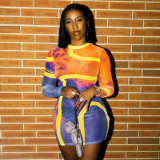 Fashion round neck long sleeve personality printing high waist hip wrap dress