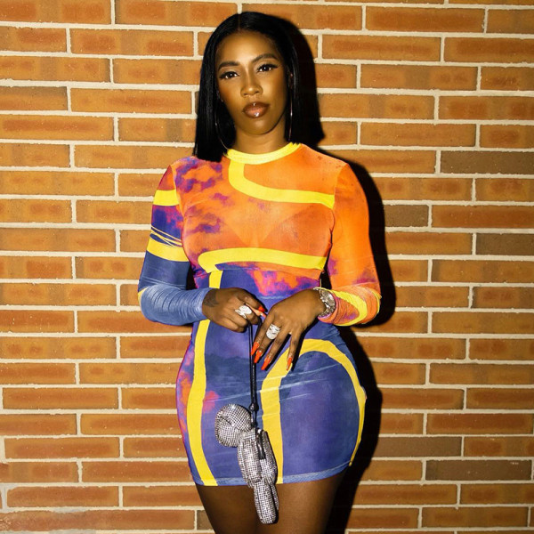 Fashion round neck long sleeve personality printing high waist hip wrap dress