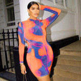 Fashionable round neck long sleeve irregular printed buttocks dress