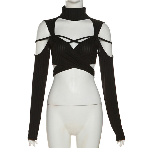 Women's spliced hollow low neck lace up slim long sleeve short top