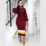 Women's fashion casual solid color patchwork lantern sleeve dress