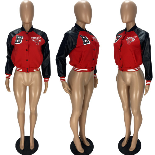 Fashion printed plush sweater PU leather splicing thread baseball jacket