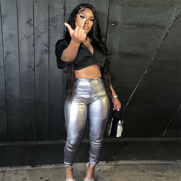 Multi panel bright zipper tight hip sexy casual pants