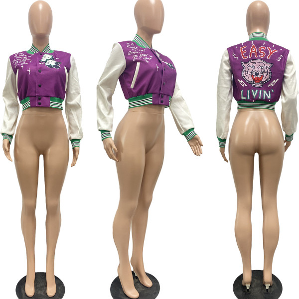 Autumn and Winter Long Sleeve Casual Sports Print Threaded Splice Single breasted Bomber Shirt