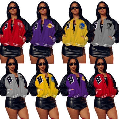 Fashion printed plush sweater PU leather splicing thread baseball jacket