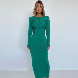 Fashion Pleated Round Neck Slim Long Sleeve Temperament Dress