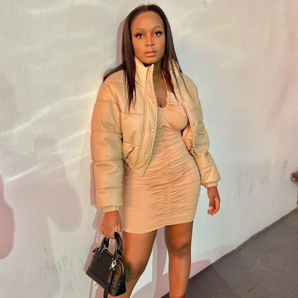 Long sleeve warm PU leather stand collar zipper women's cotton coat