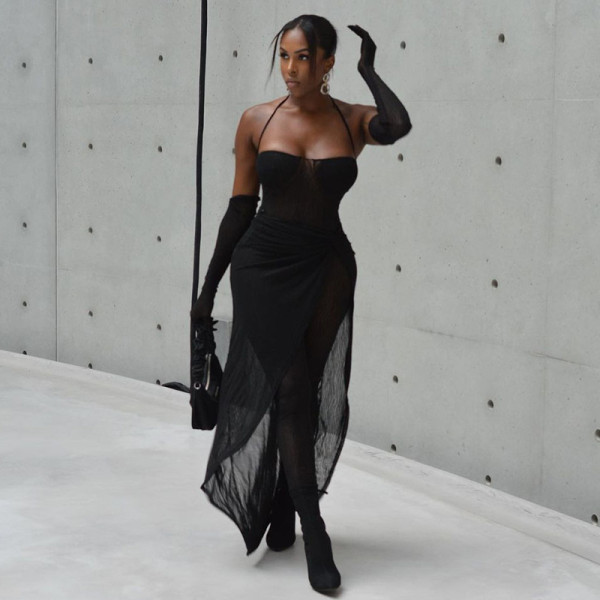 Sexy strapless see through jumpsuit Slim slit skirt suit