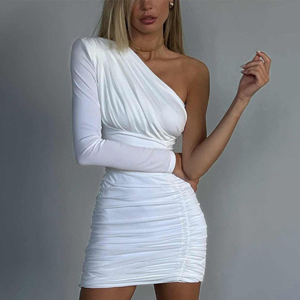 Fashion slim pleated one shoulder long sleeve hip wrap dress