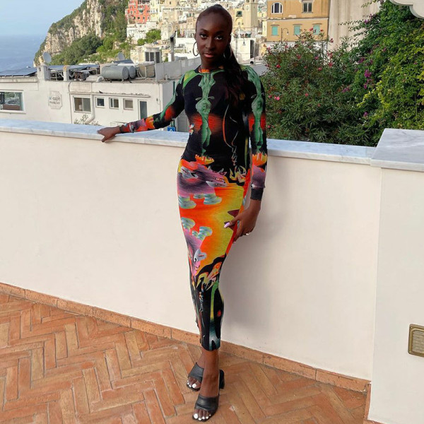 Fashion printed slim round neck long sleeve temperament long skirt