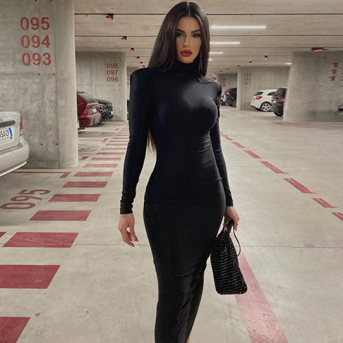 Fashion solid color slim fitting high collar long sleeve temperament dress