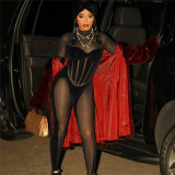Sexy mesh perspective color contrast splicing tight long sleeve one-piece pants