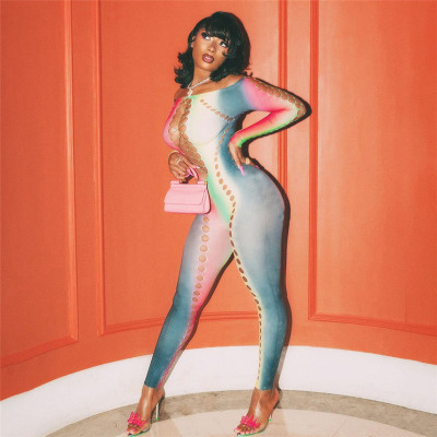 Sexy Hollow out Print Gradient High Waist Tight Casual Jumpsuit