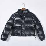 Long sleeve warm PU leather stand collar zipper women's cotton coat