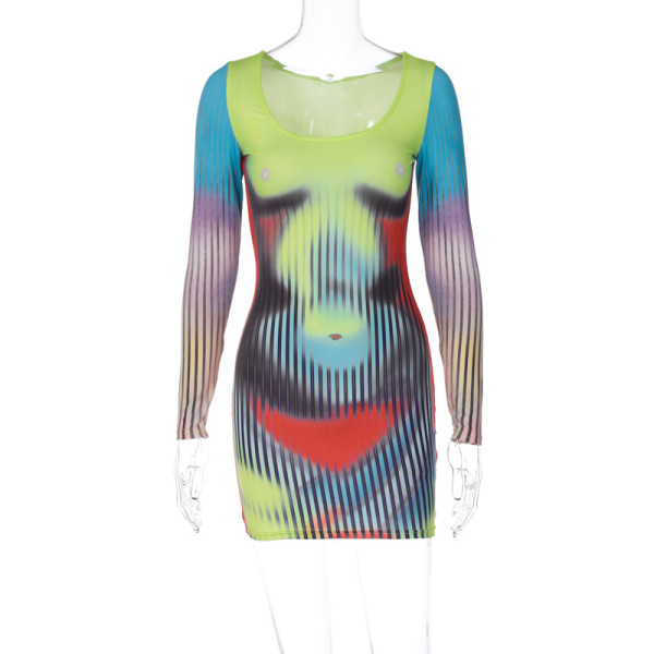 Fashion printed slim fitting U-neck long sleeve hip wrap dress