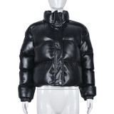 Long sleeve warm PU leather stand collar zipper women's cotton coat