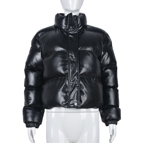 Long sleeve warm PU leather stand collar zipper women's cotton coat