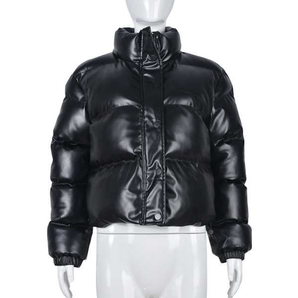 Long sleeve warm PU leather stand collar zipper women's cotton coat