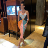 Sexy suspender printed contrast panel slim dress