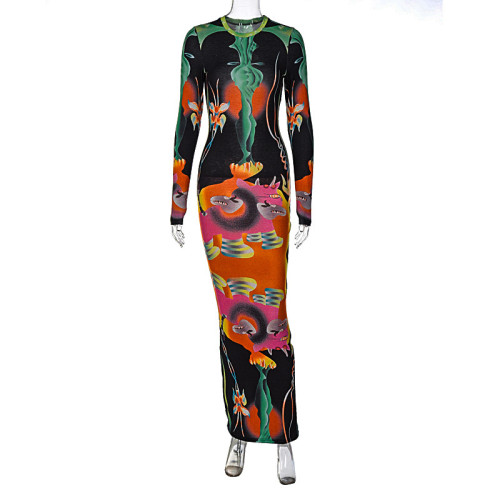 Fashion printed slim round neck long sleeve temperament long skirt