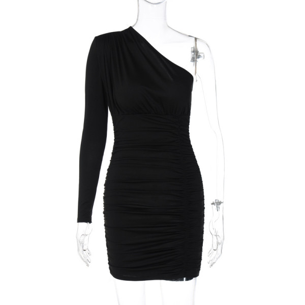 Fashion slim pleated one shoulder long sleeve hip wrap dress